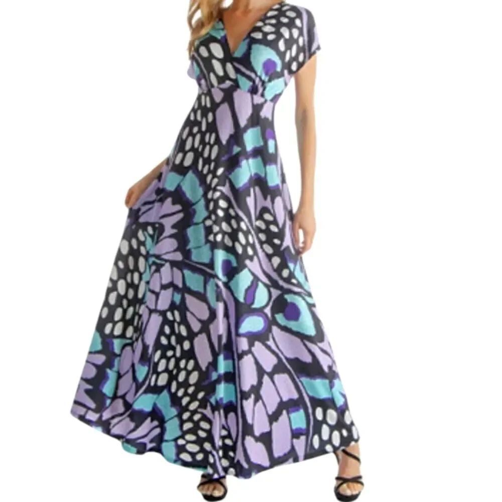NWT 24SEVEN COMFORT APPAREL V-NECK CAP SLEEVE MAXI DRESS SZ.M